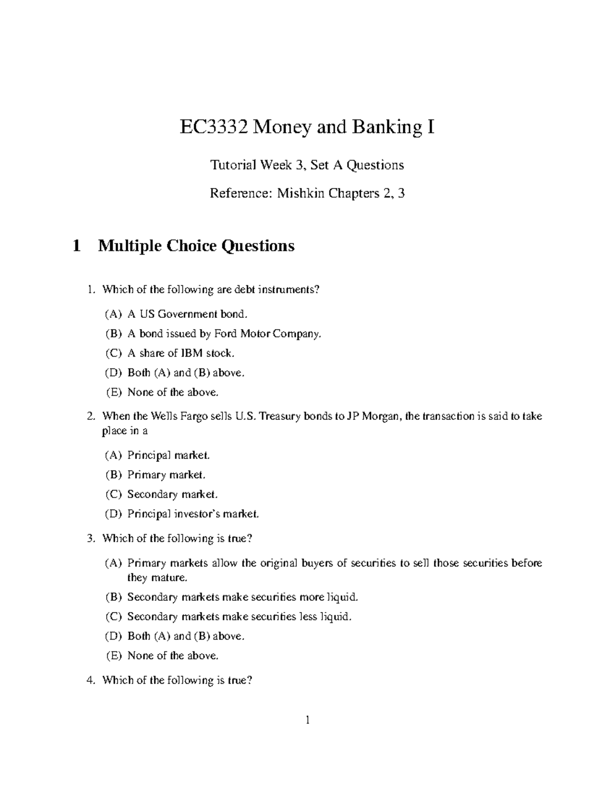 Money and Banking I Tutorial Week 3: Set A Questions & Answers - Studocu