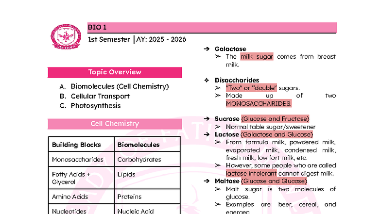 BIO 1 1st Semester 2025-2026 Comprehensive Notes on Biomolecules and ...