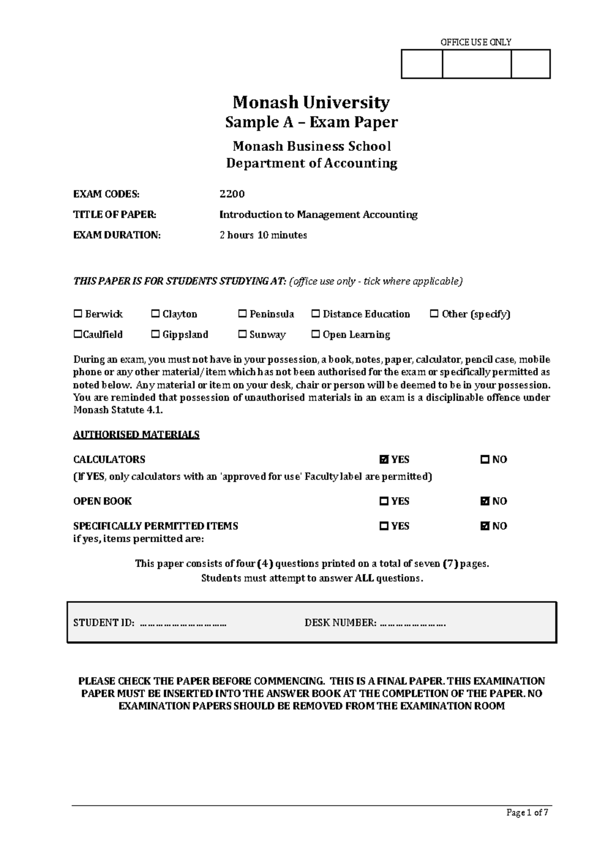 Sample/practice exam - Warning: TT: undefined function: 32 Monash ...