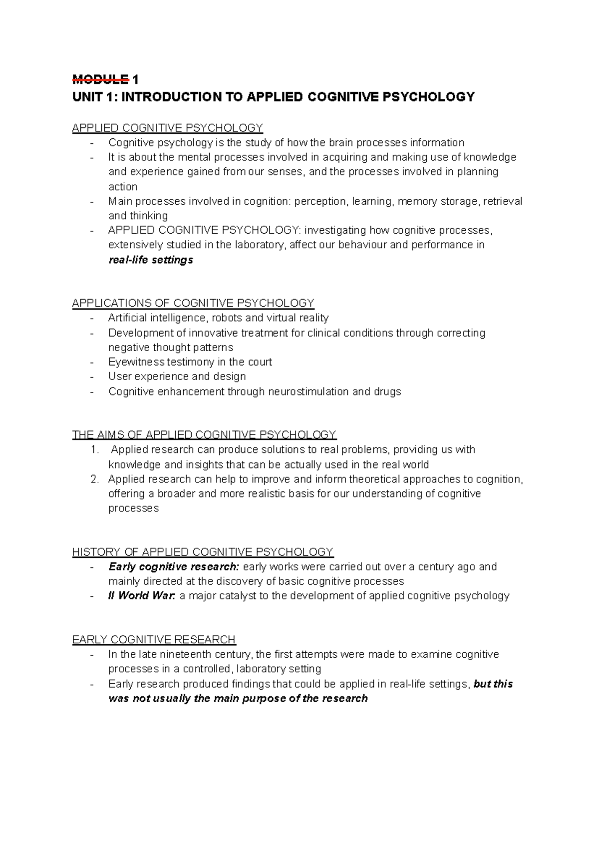 MODULE 1 UNIT 1: INTRODUCTION TO APPLIED COGNITIVE PSYCHOLOGY NOTES ...