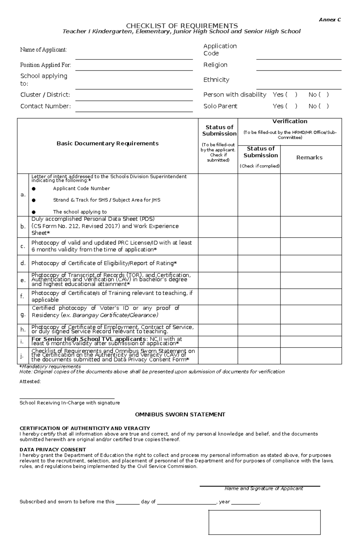 Teacher I Application Checklist for K-12 Positions - Studocu