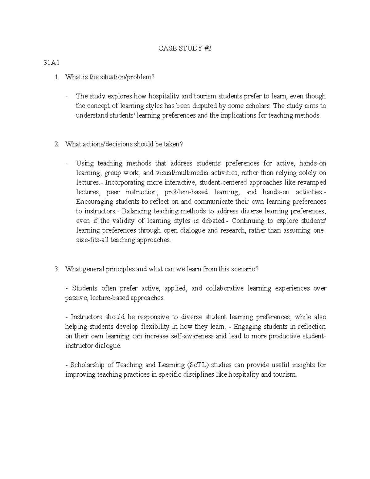 Case Study N2 - Analyzing Learning Preferences in Hospitality Education ...