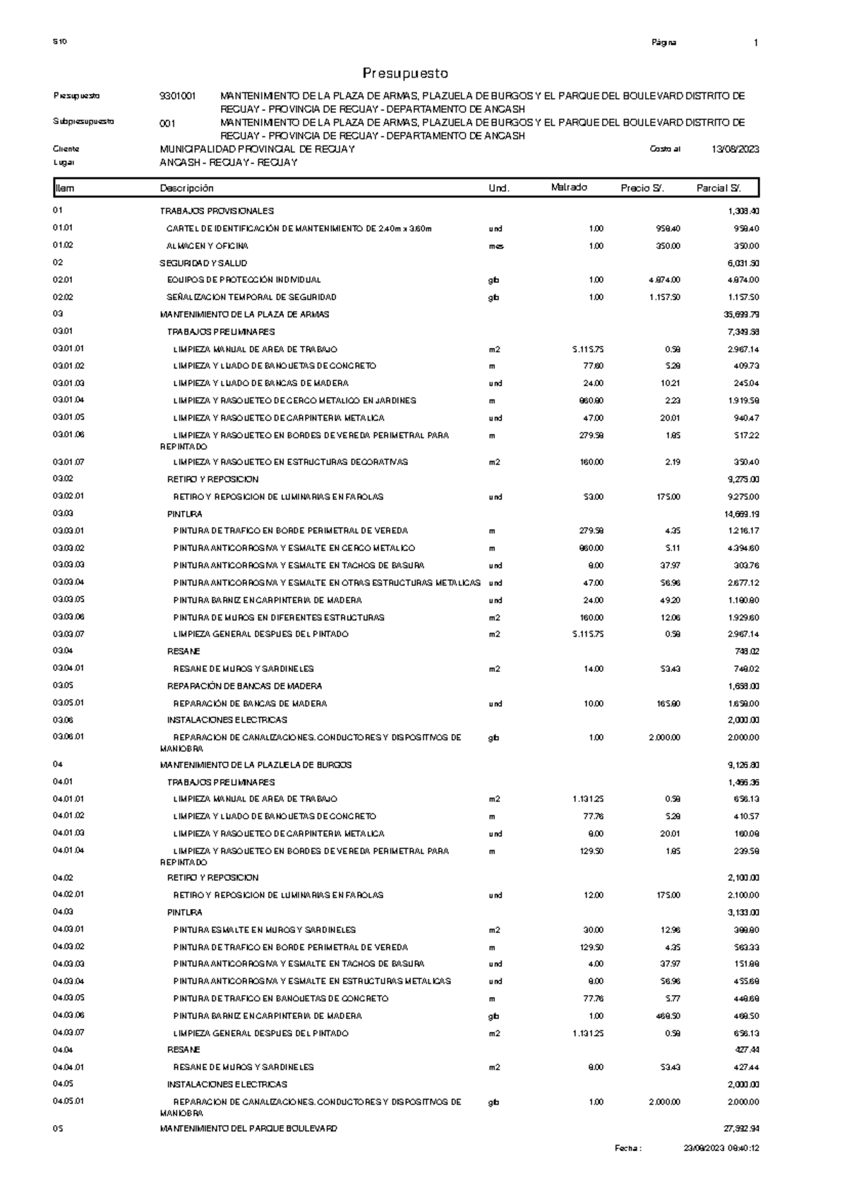 Presupuesto de Mantenimiento: Plaza de Armas y Parque Boulevard - Document Preview
