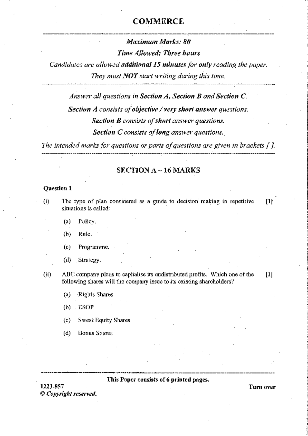 Commerce Exam Paper - 857 - Max Marks: 80, Time: 3 Hours - Studocu