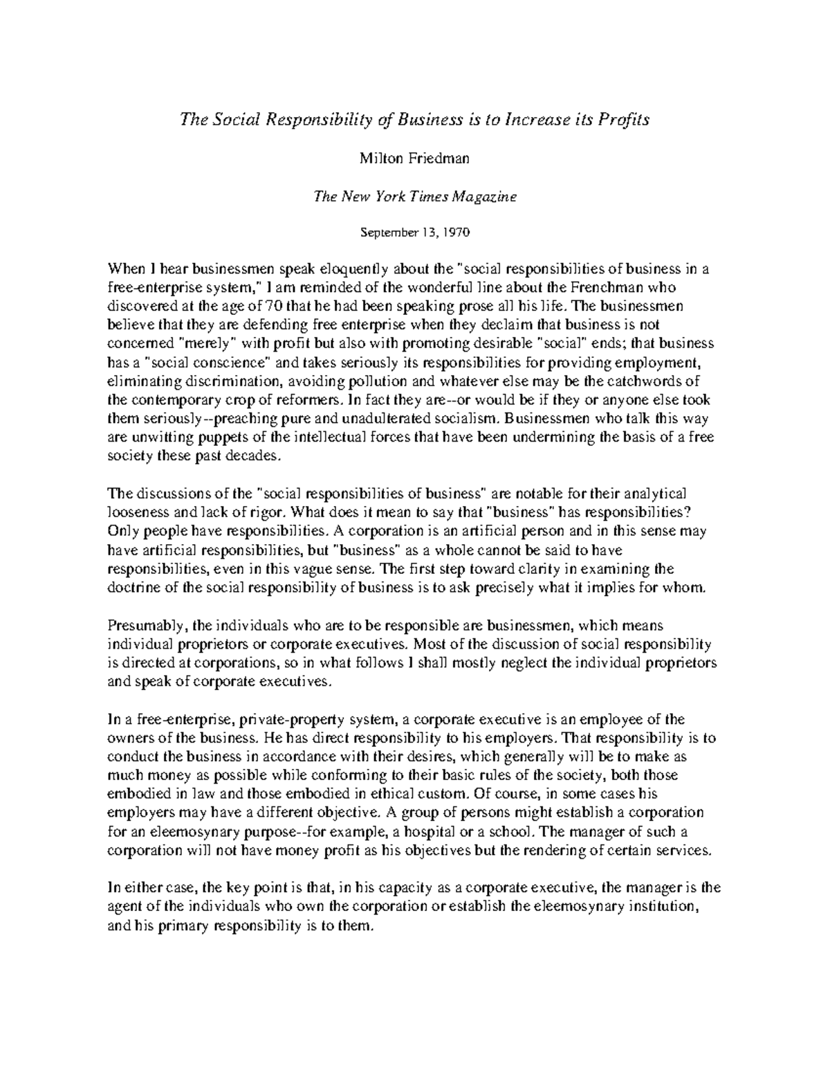 Friedman's text on social responsibility from the 1970's - The Social ...