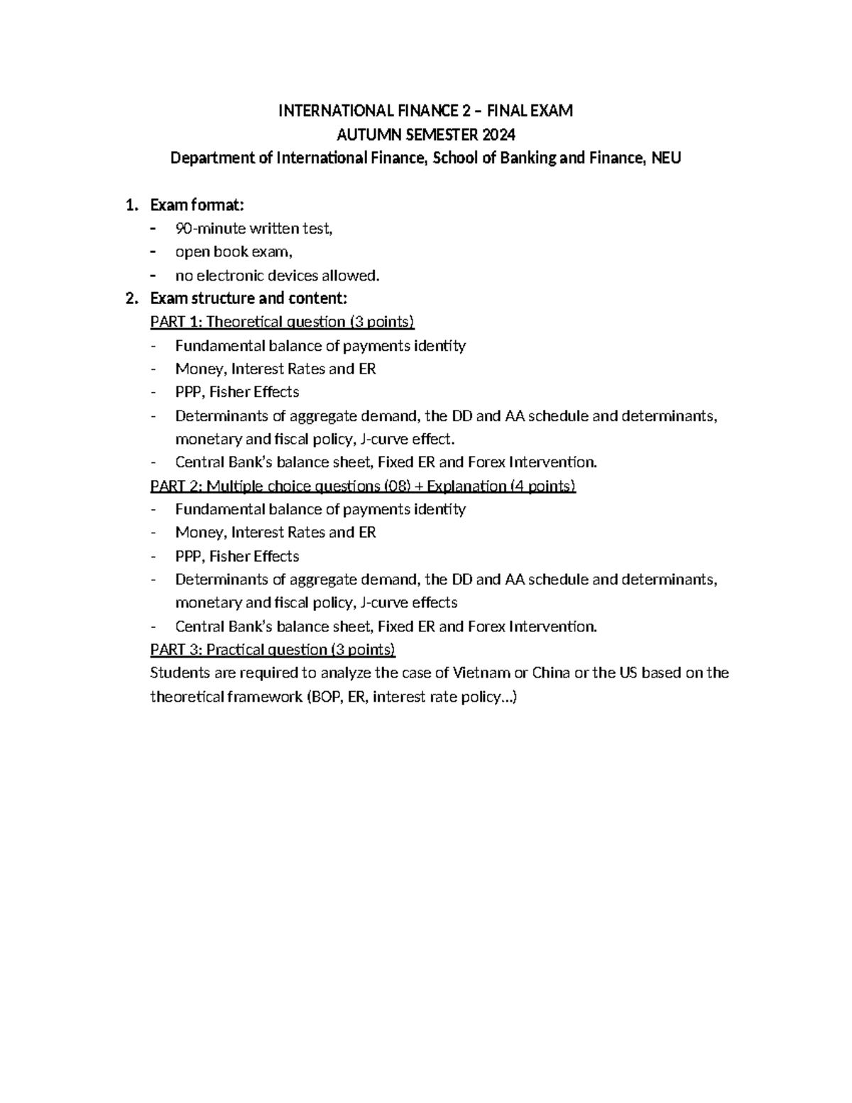 IF2 Autumn 2024 Final Exam Outline for International Finance 2 - Studocu