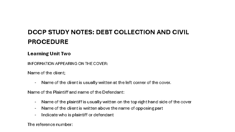 DCCP Study Notes: Debt Collection & Civil Procedure Unit 2 - Studocu