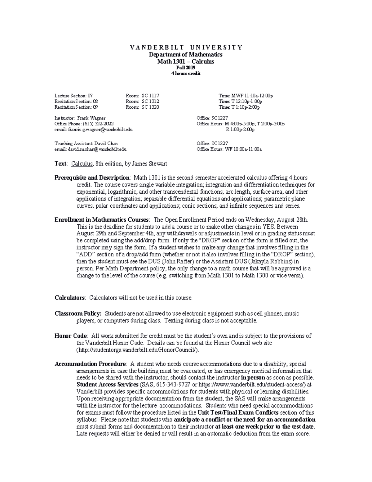 Math 1301 Syllabus: Calculus (Fall 2019) at Vanderbilt University - Studocu