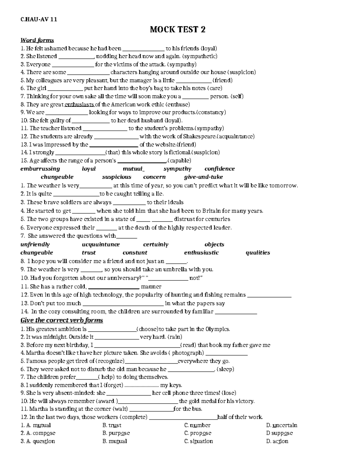 MOCK TEST 2 - Word Forms Practice and Exercises - Studocu