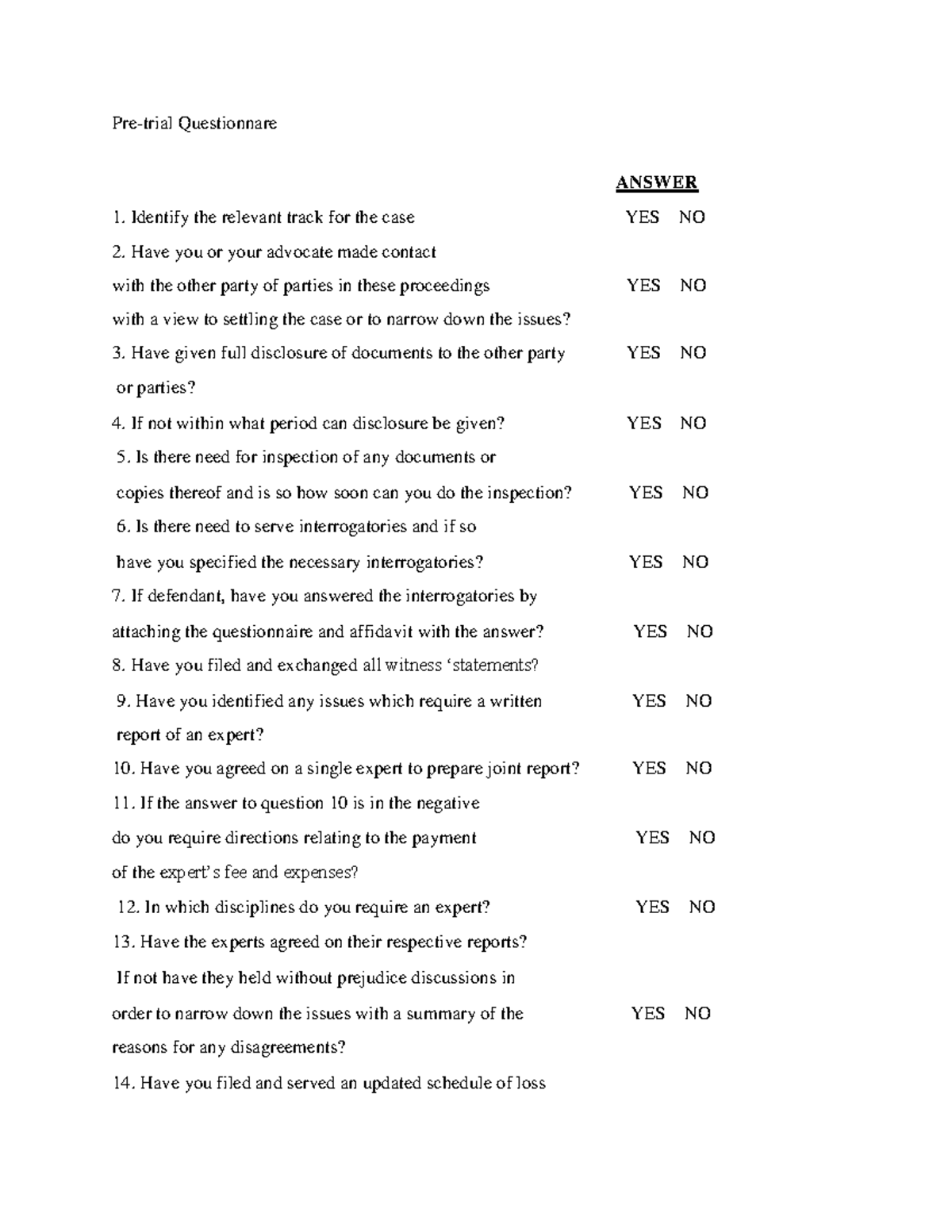 PRE Trial Questionnaire for Legal Proceedings and Disclosure - Studocu
