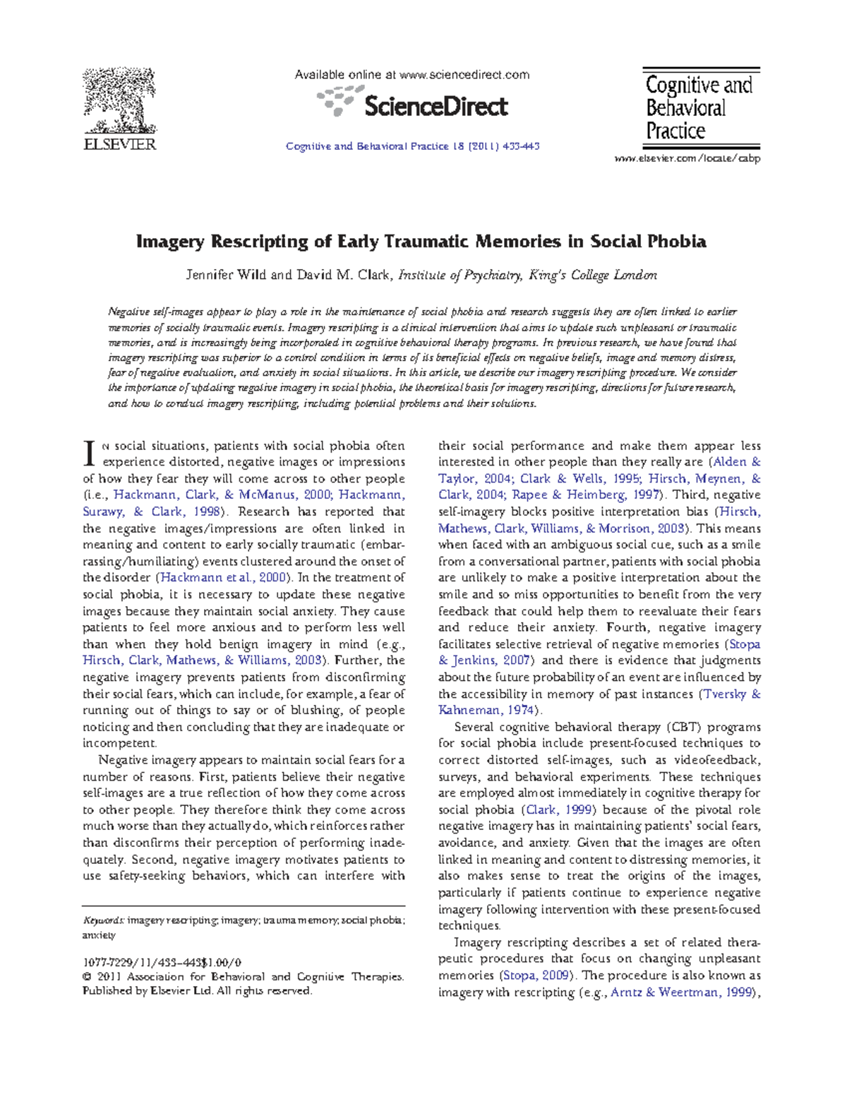 Imagery Rescripting of Early Traumatic Memories in Social Phobia (CBT ...