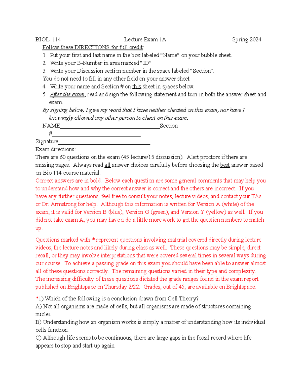 BIOL114 Lecture Exam 1A Study Guide - Spring 2024 - Studocu
