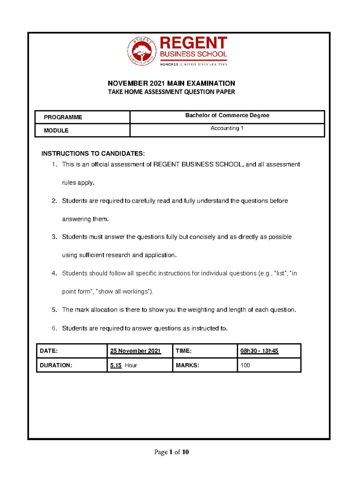BCOM Accounting 1 Final Exam Nov 2021 Take Home Assessment - Studocu