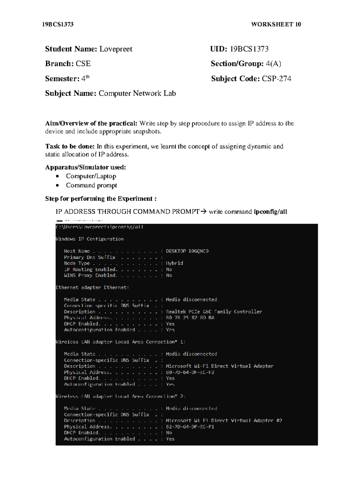 Worksheet 10 CN - Computer network - Student Name: Lovepreet UID: 19BCS ...