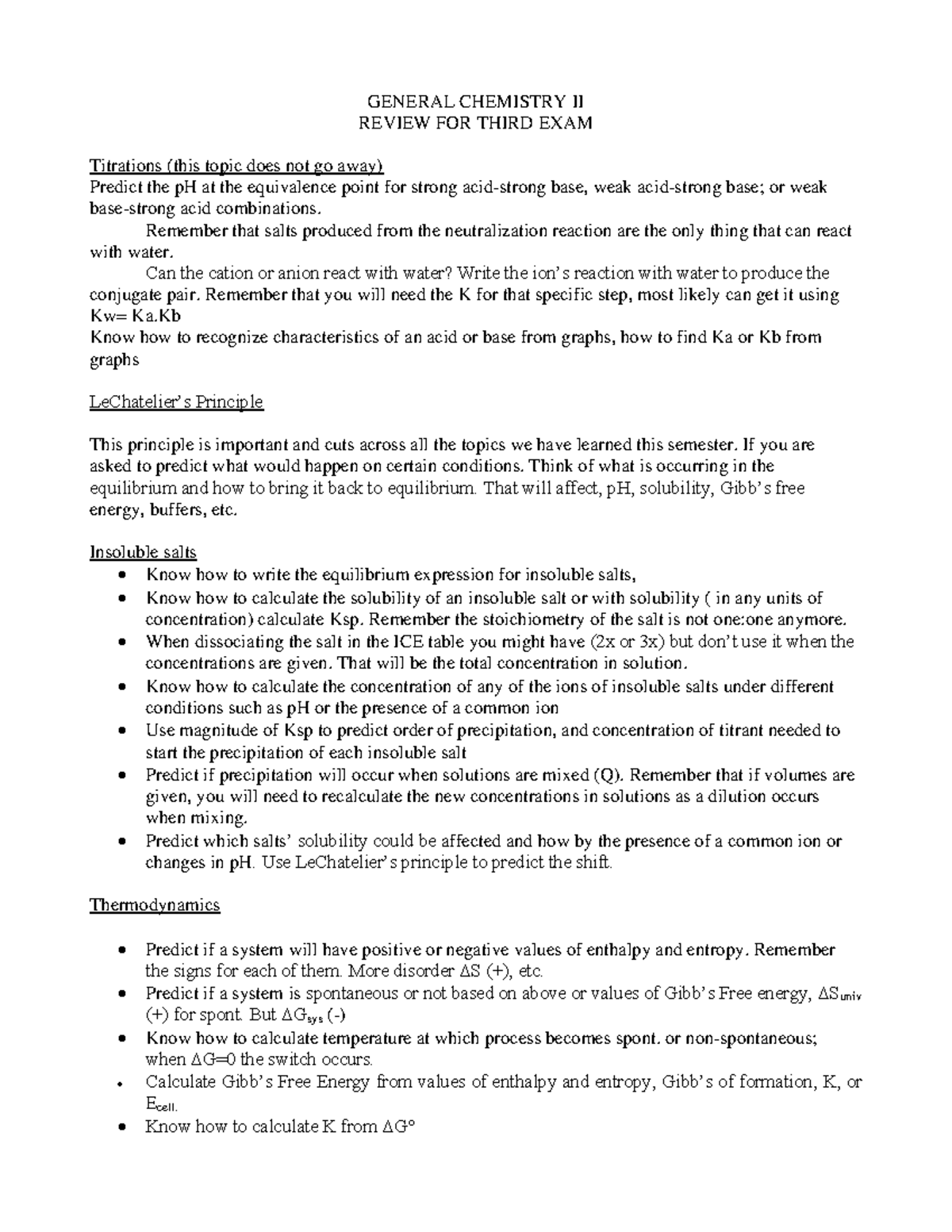 GENERAL CHEMISTRY II EXAM III REVIEW: Titrations & Thermodynamics - Studocu