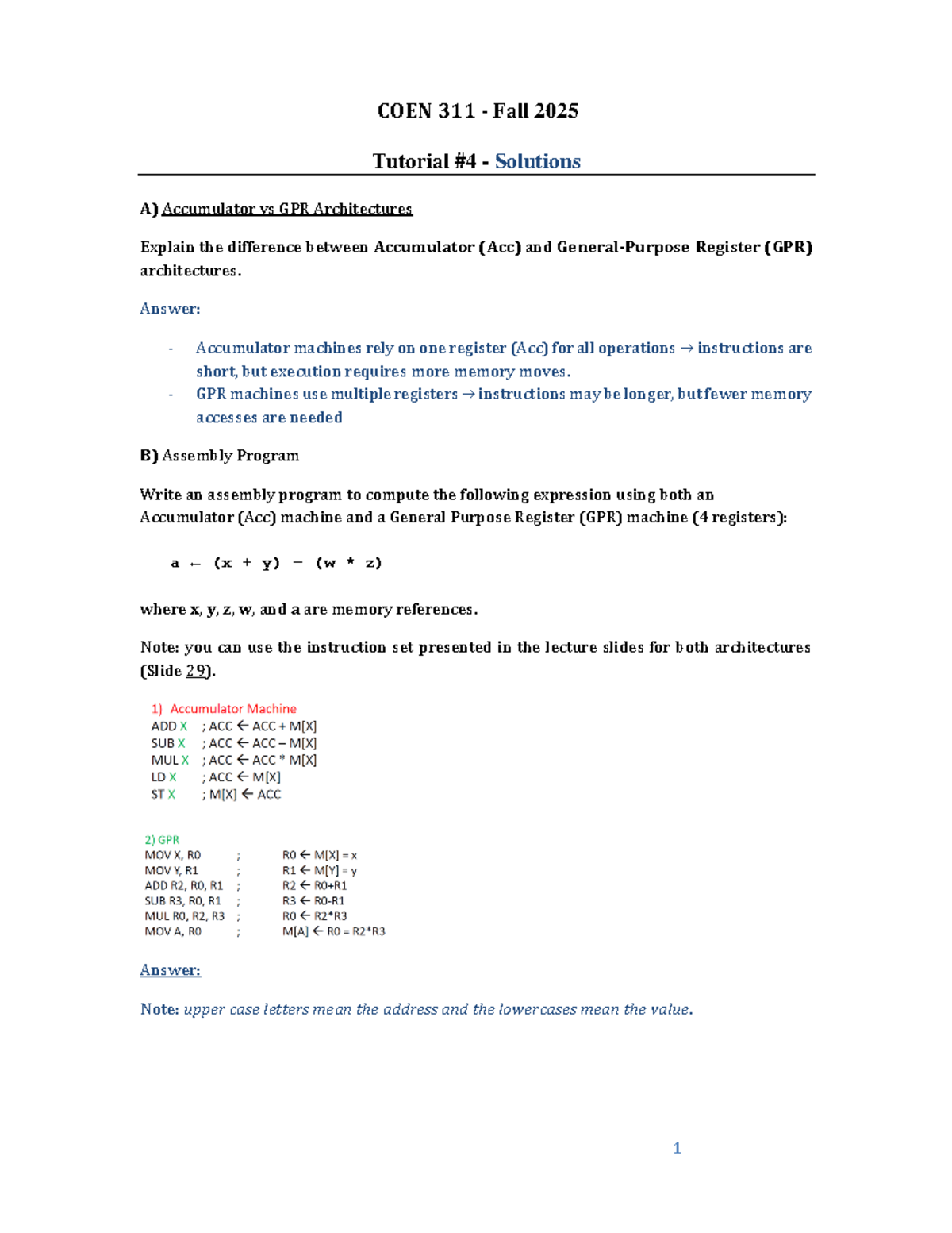 COEN 311 Winter 2026 Tutorial 4 Solutions: Acc vs GPR Architectures ...
