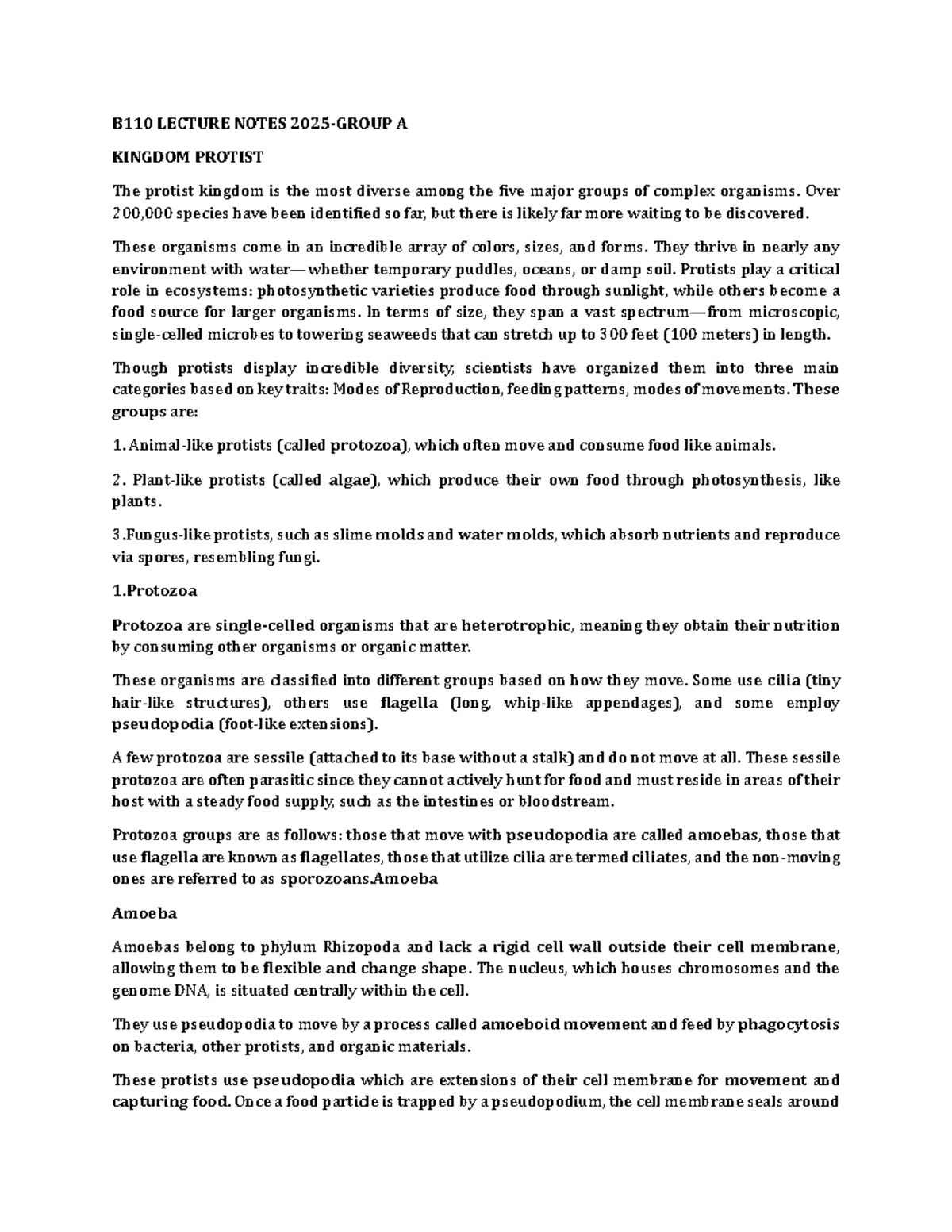BI 110 LECTURE NOTES: DIVERSITY IN THE PROTIST KINGDOM - Studocu