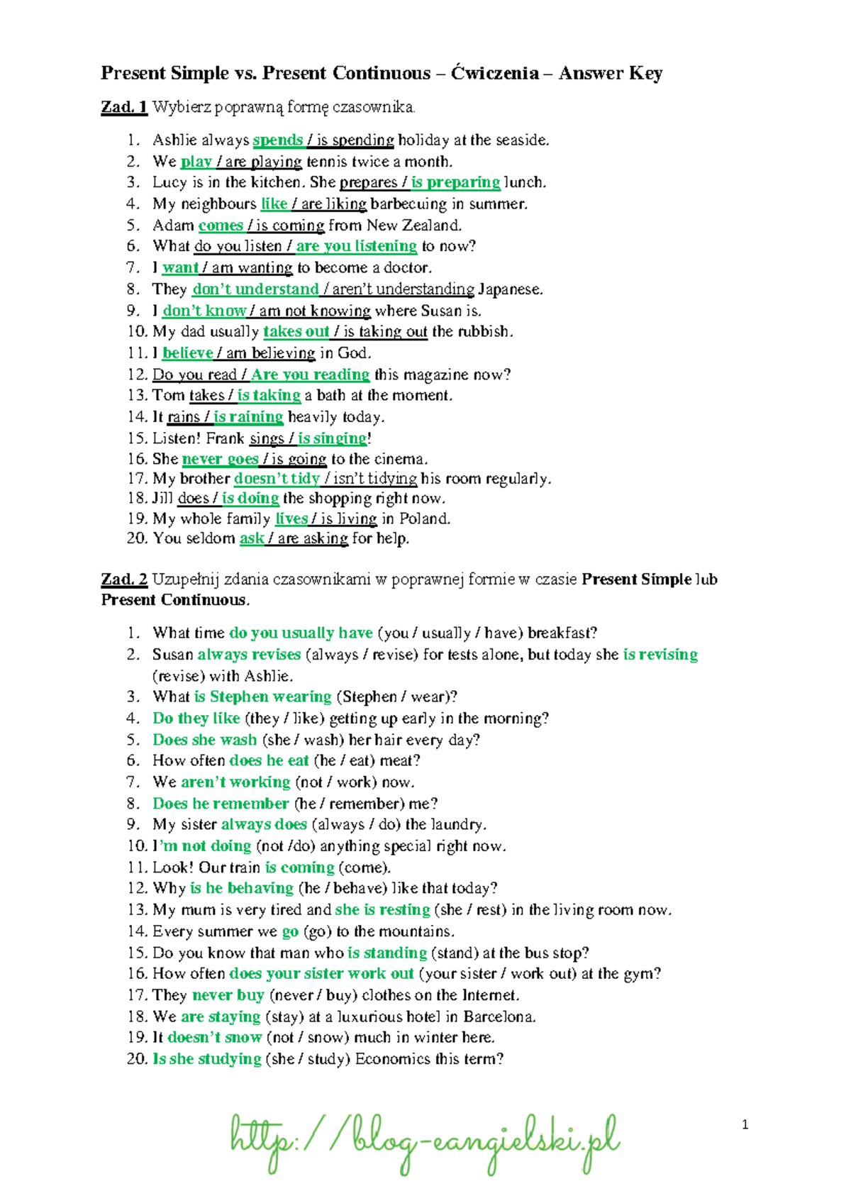 Present Simple vs. Present Continuous Exercises Answer Key - Studocu
