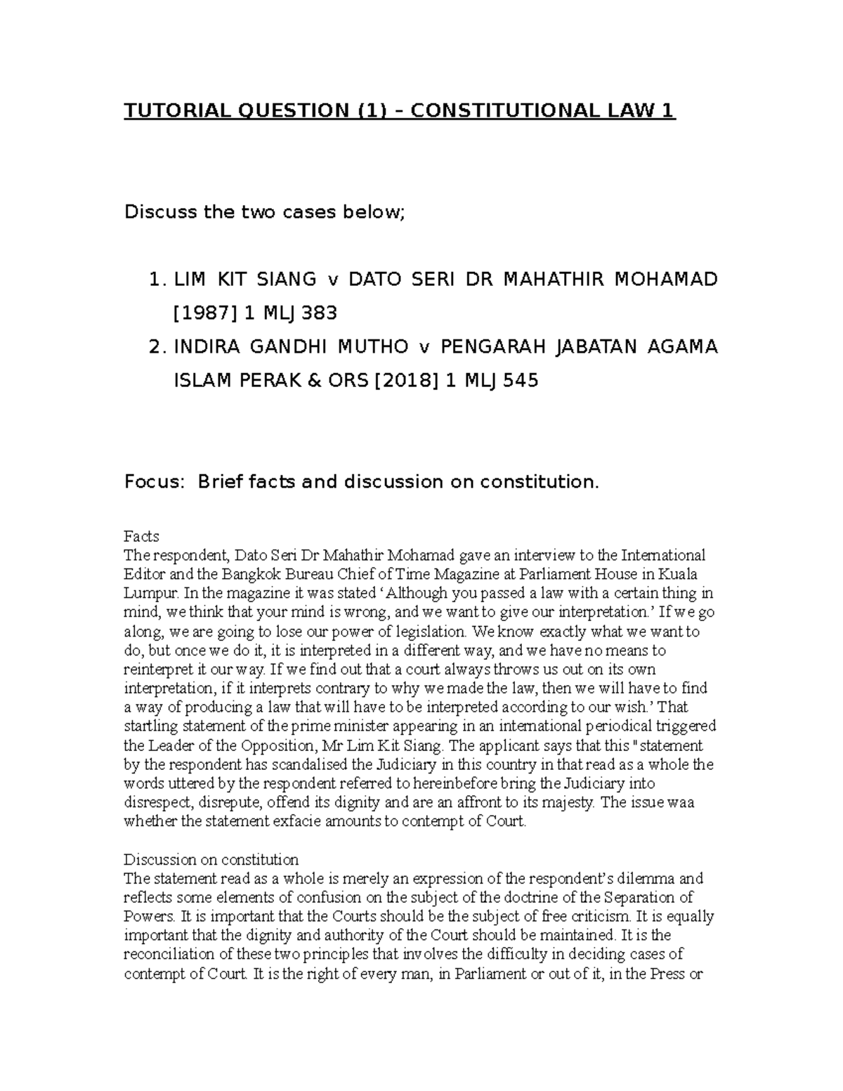 Tutorial Questions on Constitutional Law 1: Key Cases Examined - Studocu