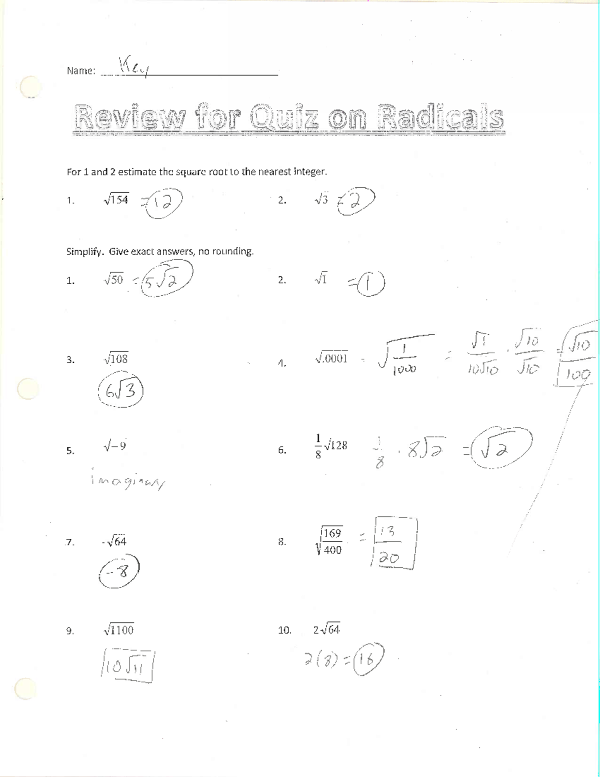 Quiz Review and Worksheets for Radicals: Key Answers - Studocu