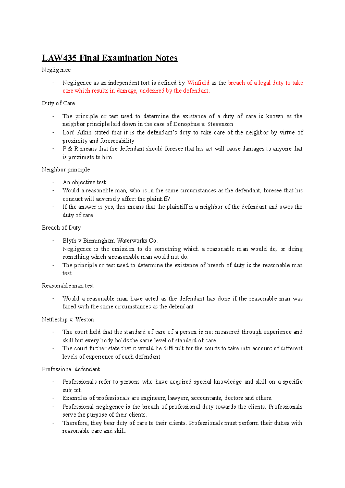 Law 435 final examination notes on negligence and tort law - Studocu