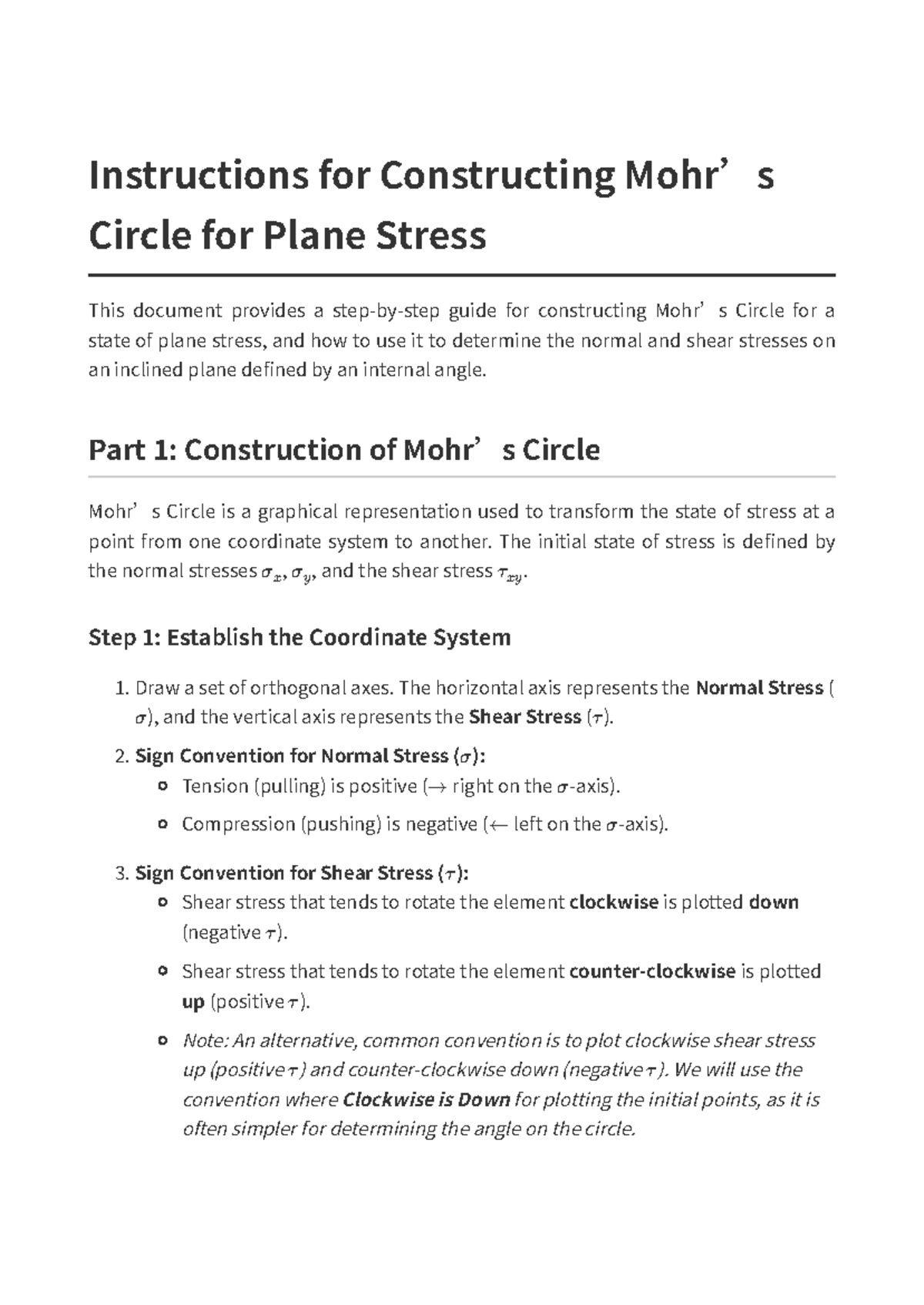 Mohr's Circle Instructions for Plane Stress Analysis - Studocu