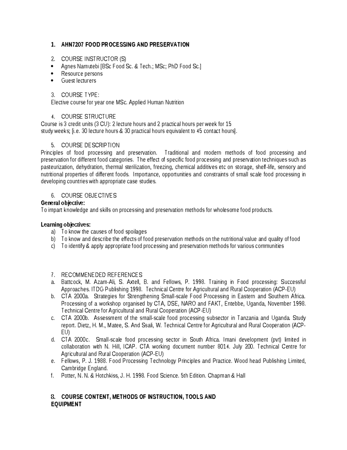 AHN7207 Food Processing and Preservation Course Overview and Details ...