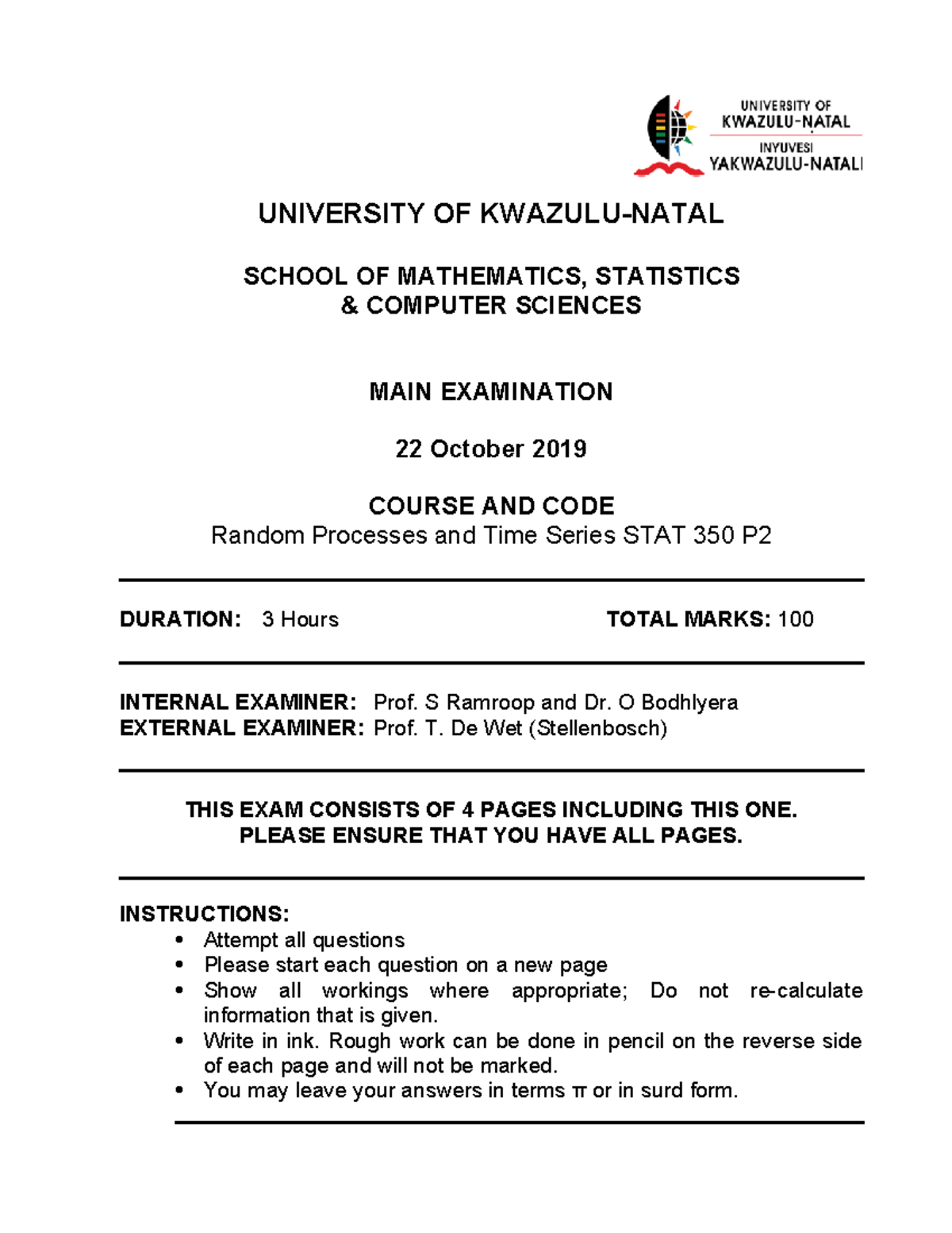 Stat 350 exam 2019 - Past paper for STAT350 - UNIVERSITY OF KWAZULU ...
