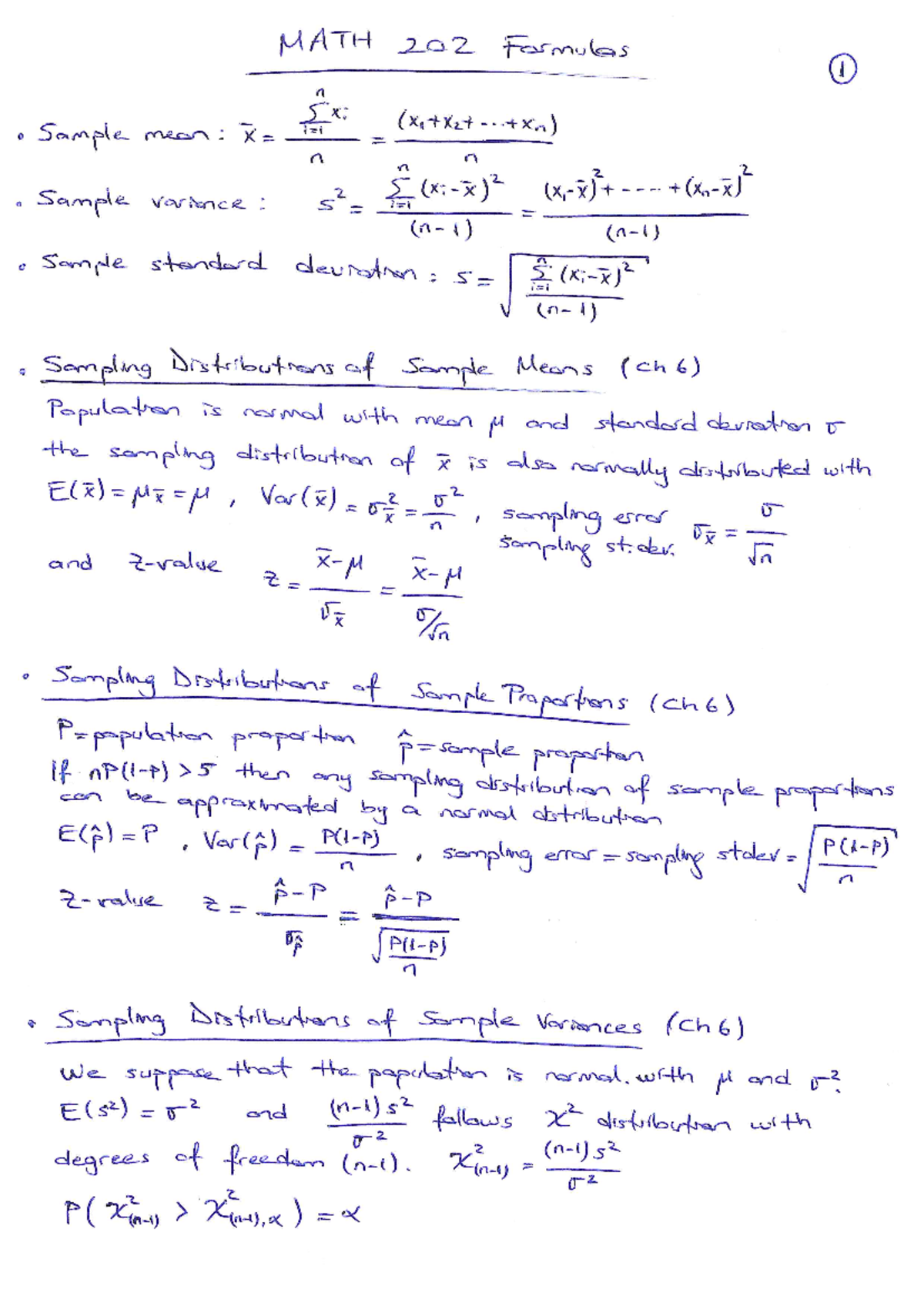 MATH 202 Formulas Compilation for Statistical Analysis and Hypothesis ...