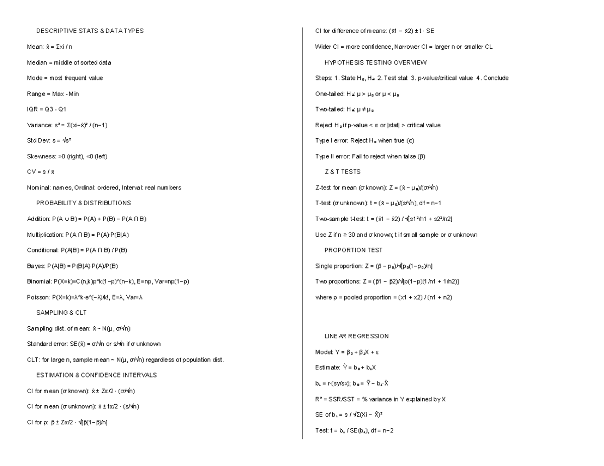 Stats Formula Sheet Final Exam: Descriptive Stats & Hypothesis Testing ...
