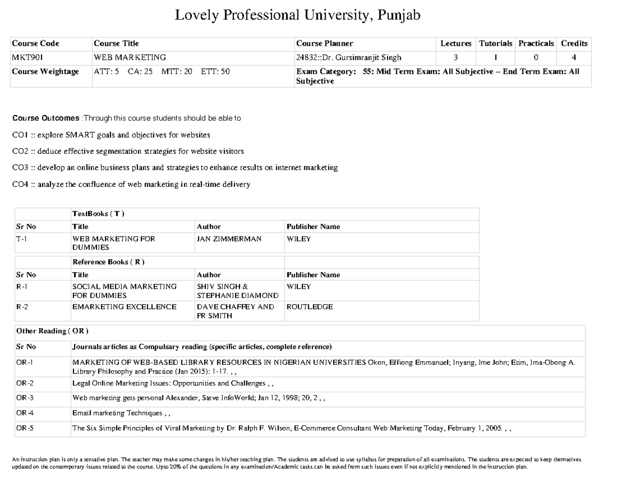 MKT901 Web Marketing: Course Overview and Lecture Details - Studocu