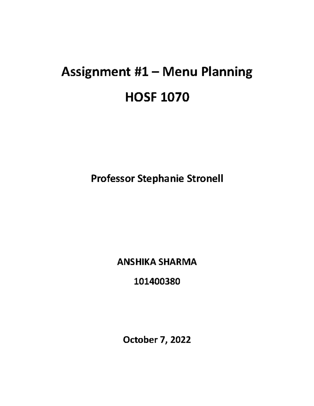 HOSF 1070 Assignment 1: Catering Menu Planning Analysis - Studocu