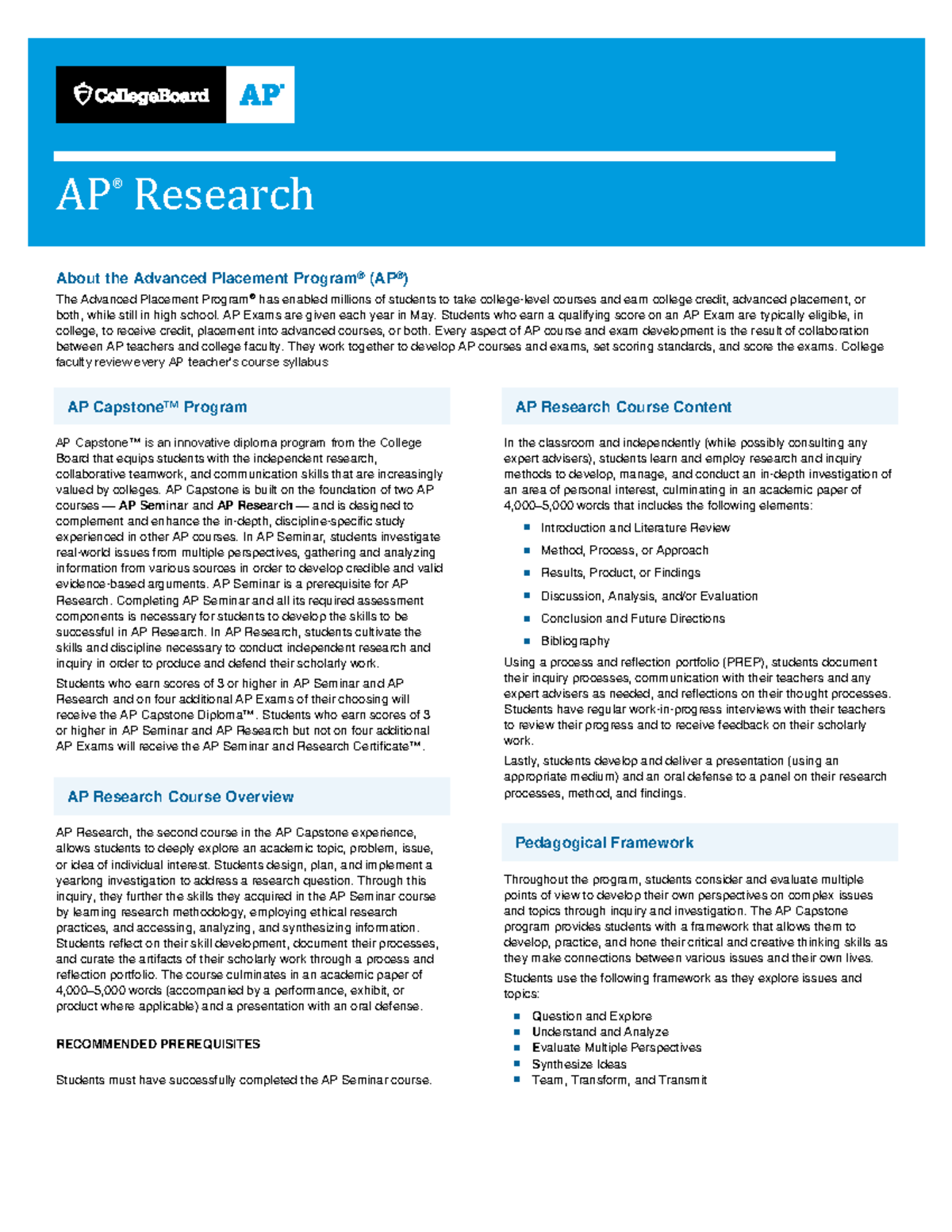 Course Overview AP Research - AP Æ Research About the Advanced ...