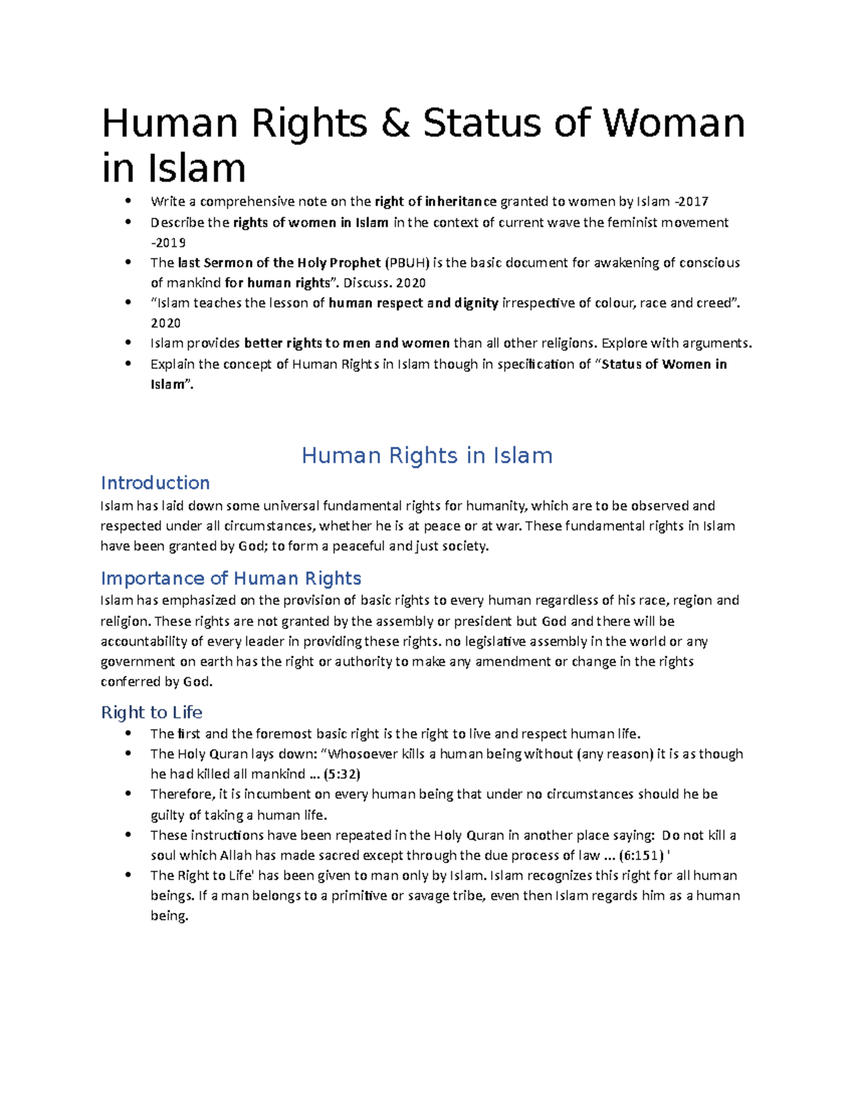 Human Rights & Women's Status in Islam: A Comprehensive Overview - Studocu