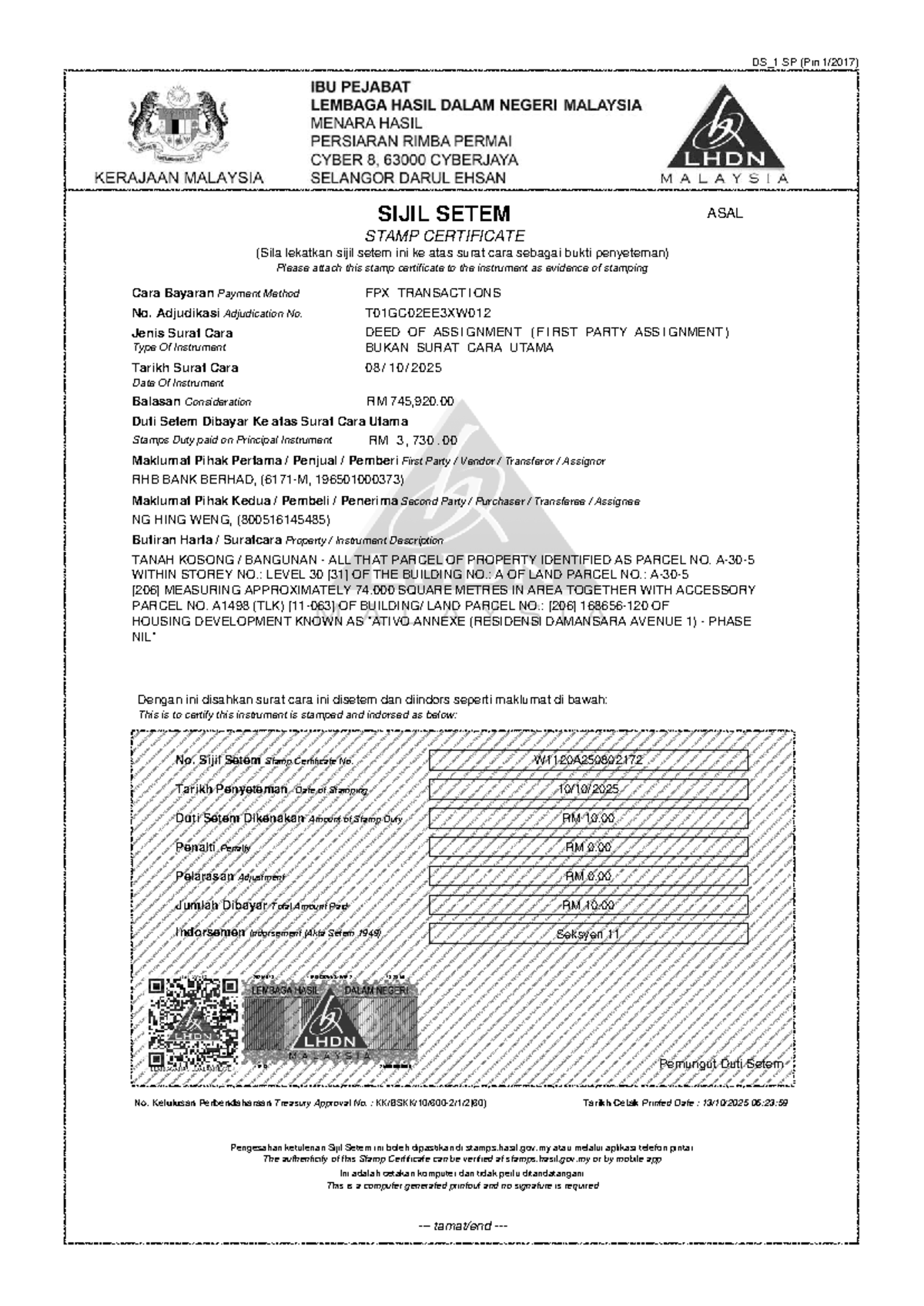 Stamp Certificate for Deed of Assignment (DOA) - DS_1 SP - Studocu