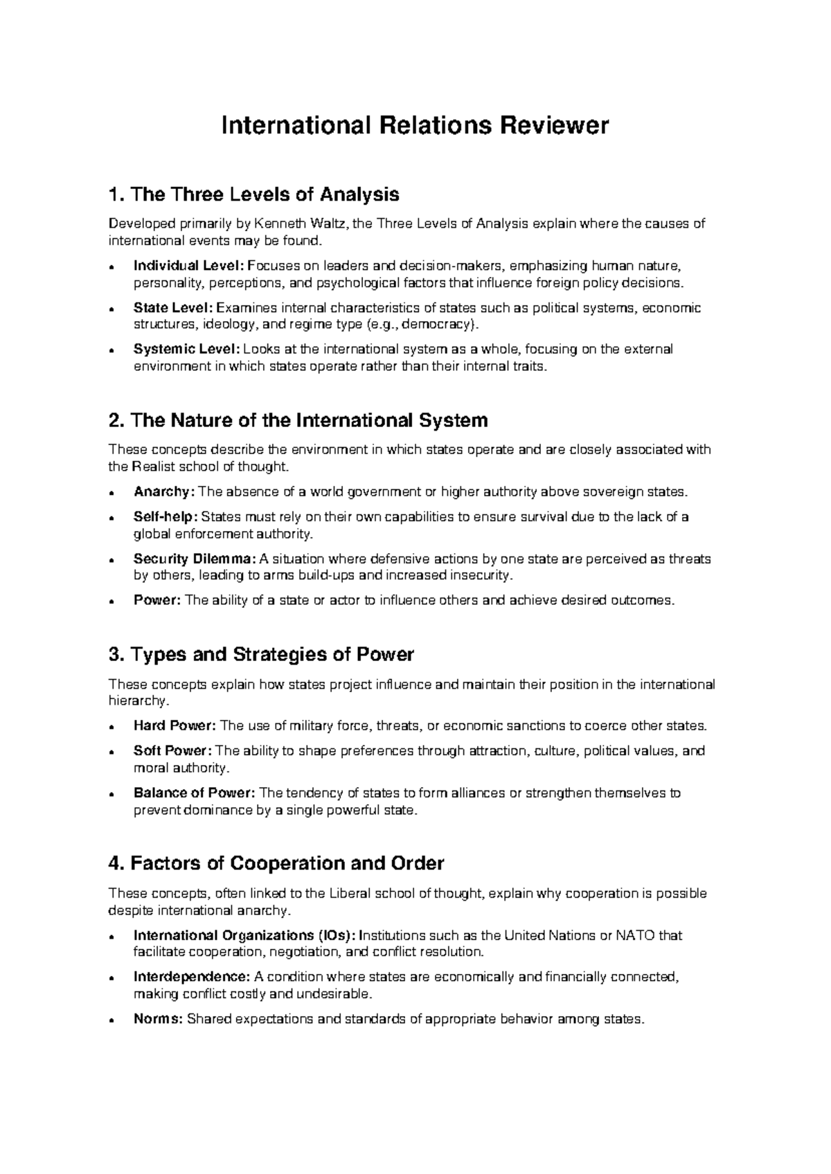 International Relations Review: Three Levels of Analysis & Power Types ...