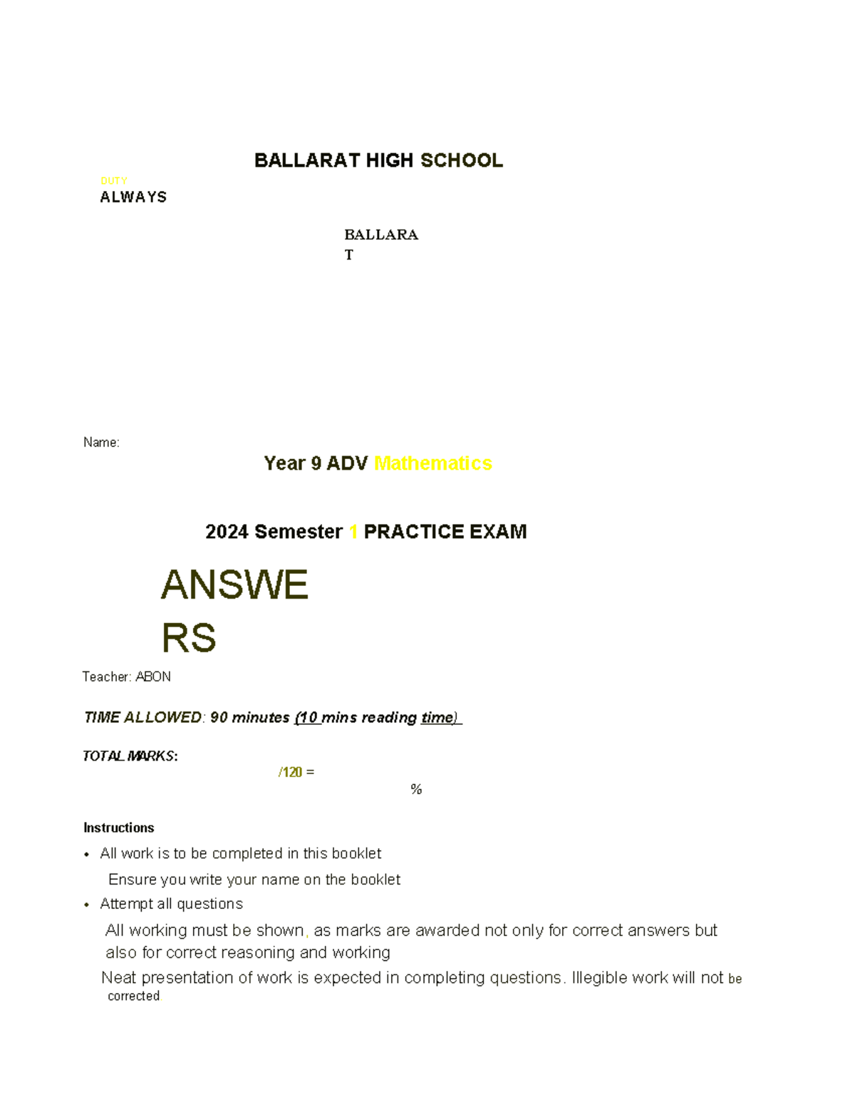 Year 9 ADV Mathematics 2024 Semester 1 Practice Exam Answers - Studocu