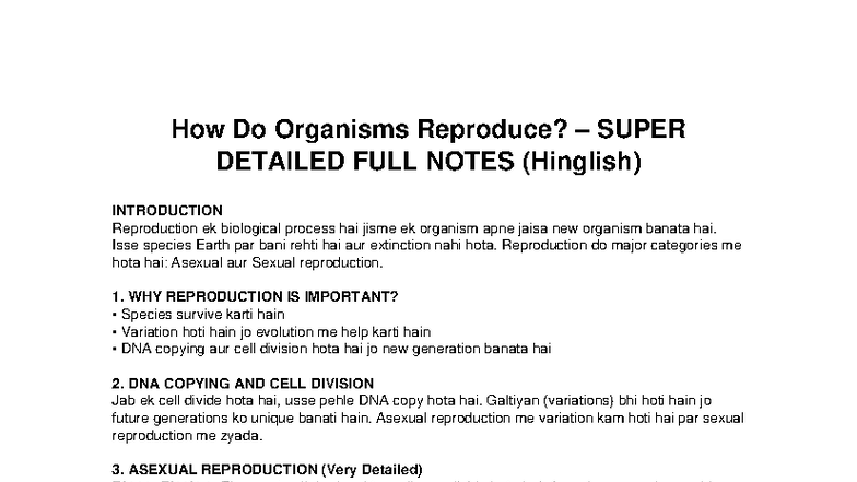 Super Detailed Notes on Organism Reproduction (Hinglish) - Studocu