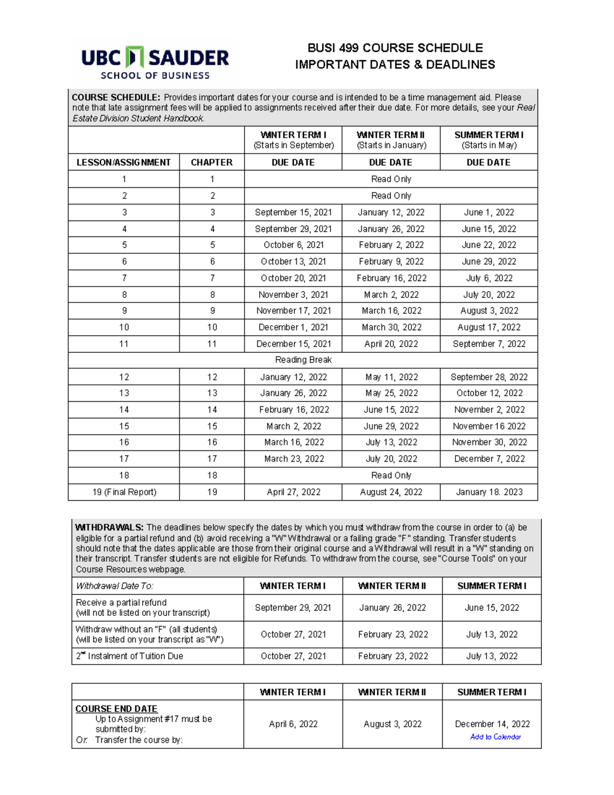 BUSI 499 Important Course Schedule & Key Dates Overview - Studocu