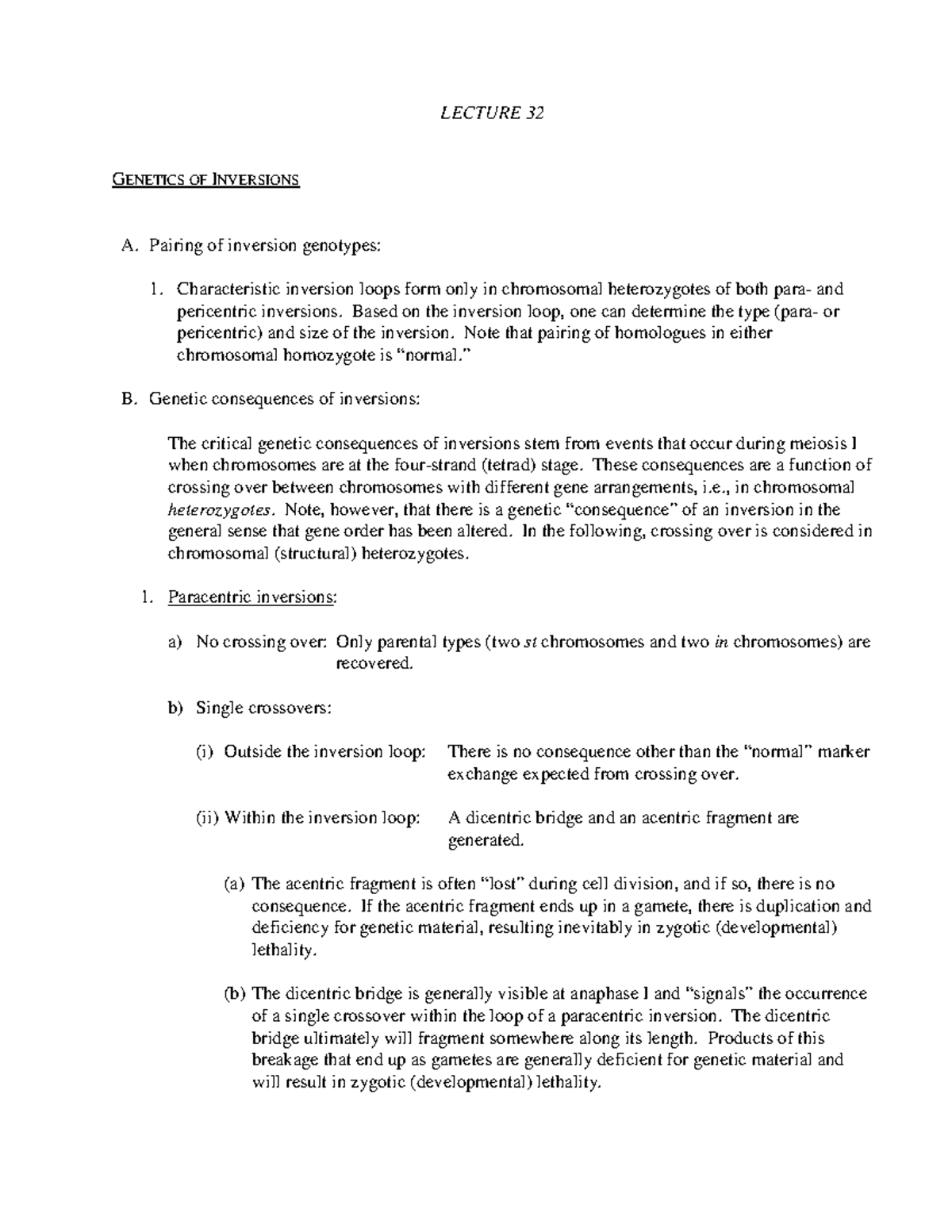 LECTURE 32: GENETICS OF INVERSIONS AND MEIOSIS CONSEQUENCES - Studocu