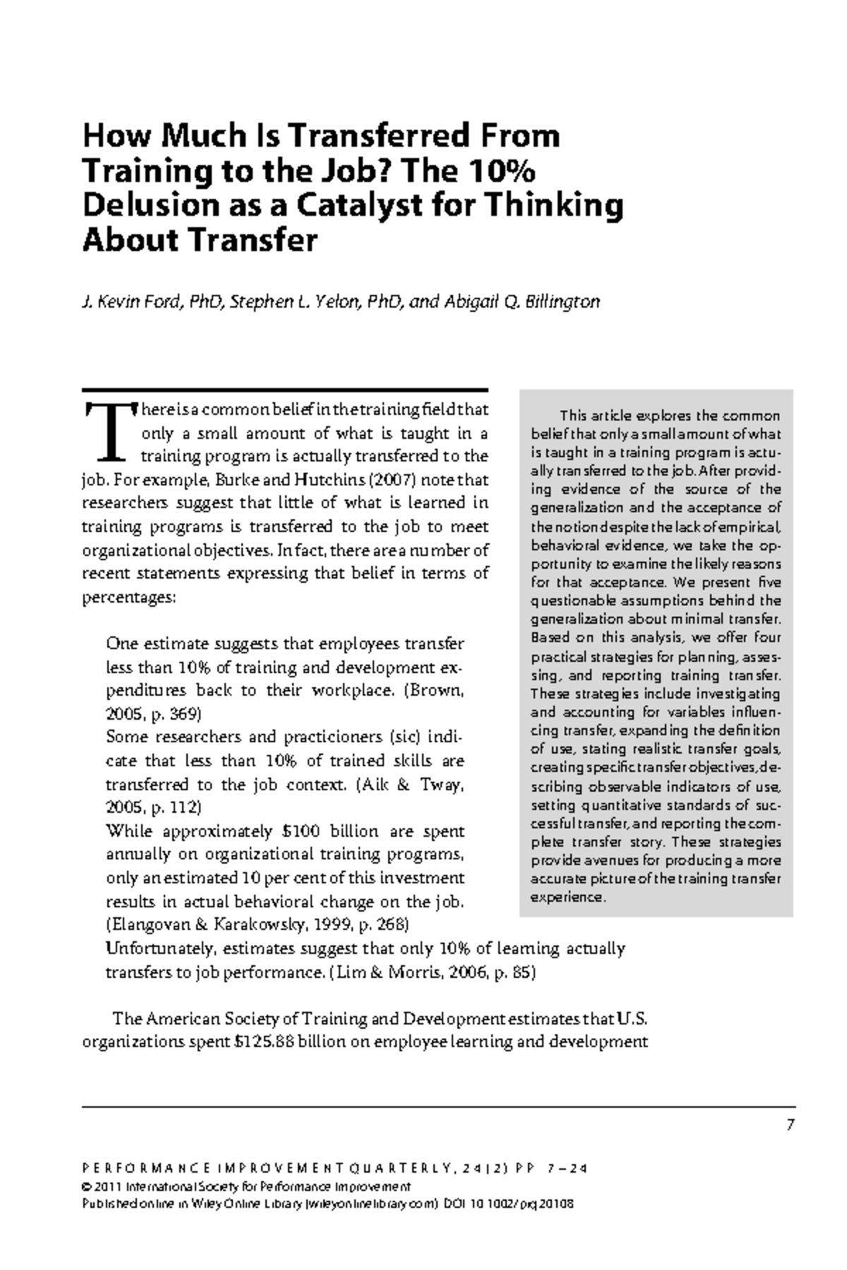 Transfer of Training: Analyzing the Delusion of Minimal Job Application ...