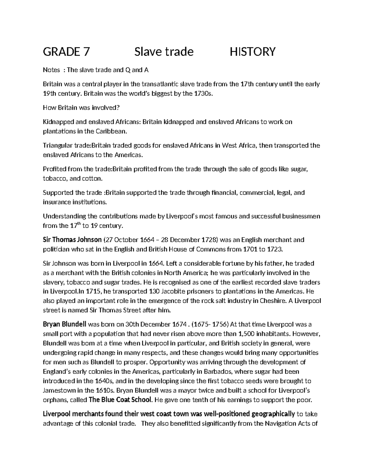 Grade 7 History Notes and Q and A - GRADE 7 Slave trade HISTORY Notes ...