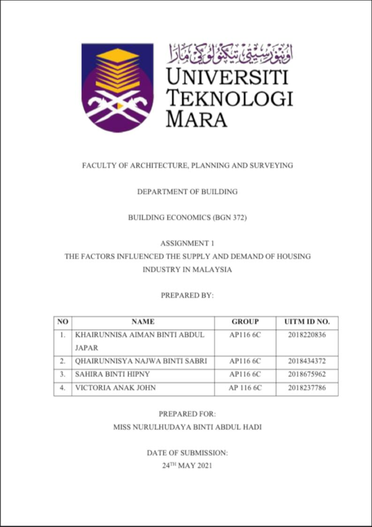 BGN372 Assignment 1: Supply and Demand in Malaysia's Housing Industry ...