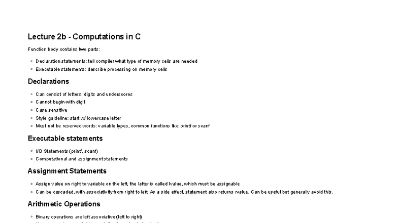 Lecture 2b: Understanding Function Body and Computations in C - Studocu