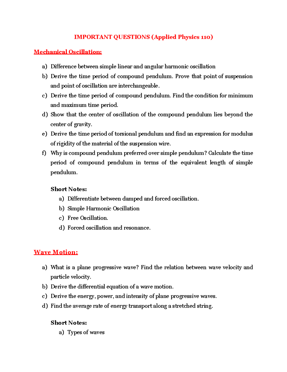 Important Questions (Applied Physics 110) on Mechanical Oscillation and ...