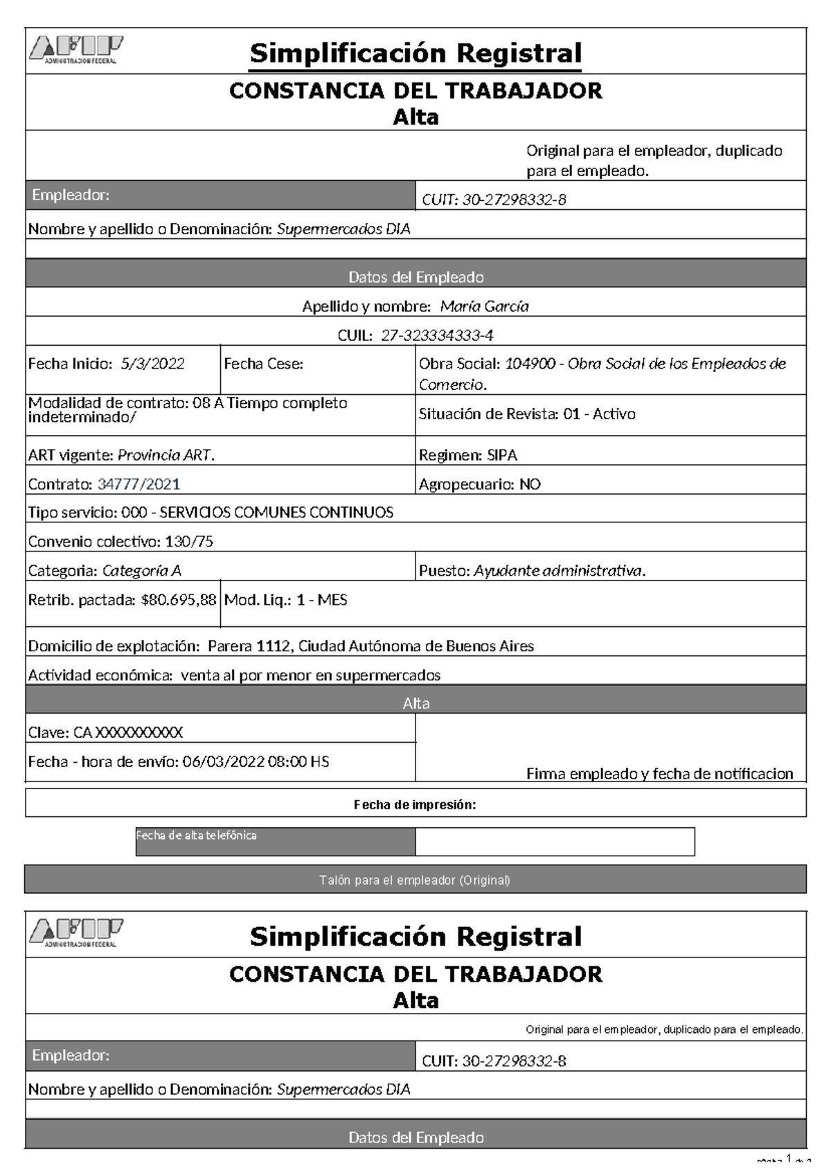 Constancia de Alta AFIP - Empleado María García - Supermercados DIA ...
