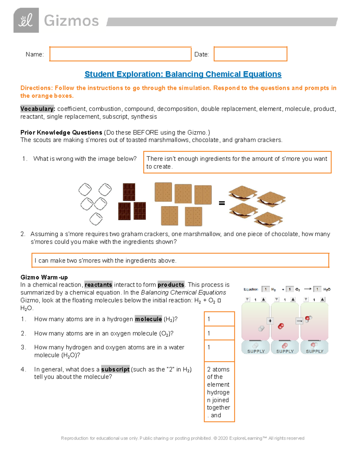 Balancing Chemical Equations SE: Student Exploration Guide - Studocu