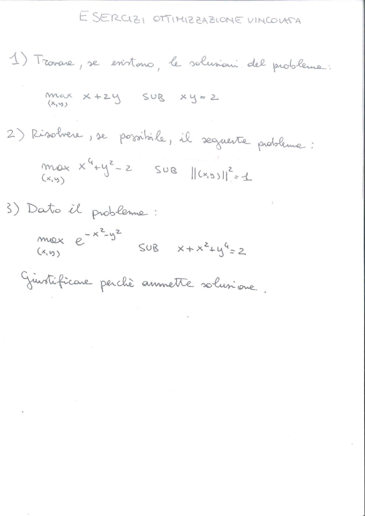 Esercizi Ottimizzazione Vincolata - Corso di Matematica Applicata - Studocu