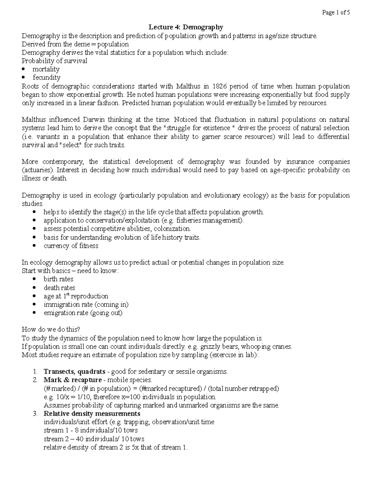 Lec4 - 2018/2019 Demographics & Population Dynamics Lecture Notes - Studocu