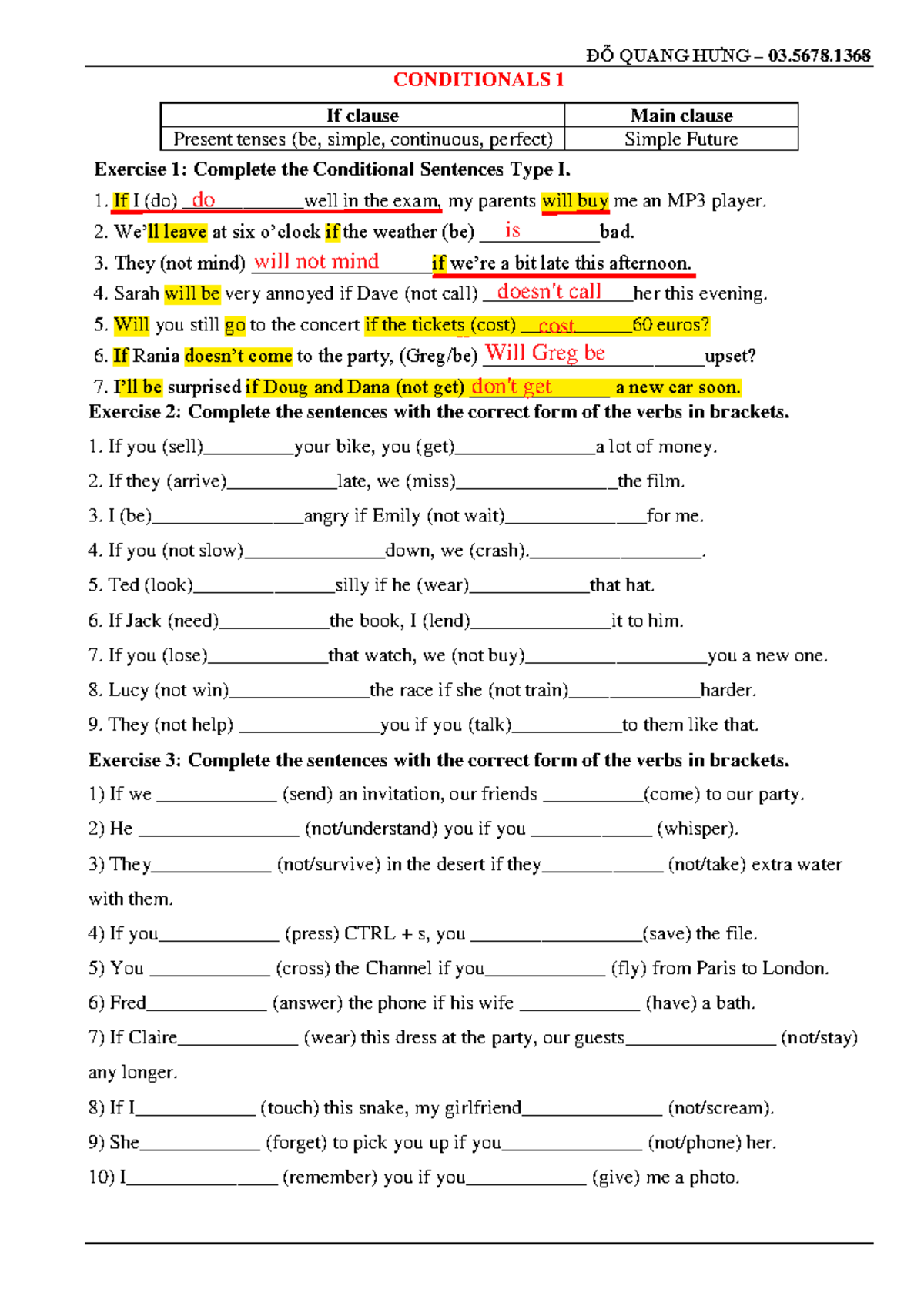 ĐỖ QUANG HƯNG 03.5678.1368 CONDITIONALS TYPE I EXERCISES - Studocu